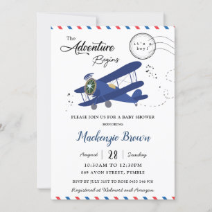 Vintage Flygplan Flygplan Blue Guld Boy Baby Showe Inbjudningar