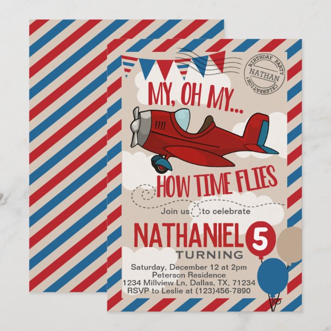 Vintage Flygplan Födelsedagsfest inbjudan Inbjudan (Fram/baksida)
