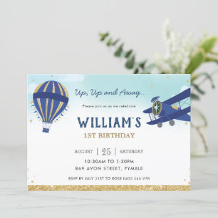 Vintage Flygplan Luftballong Blue Guld  Inbjudningar