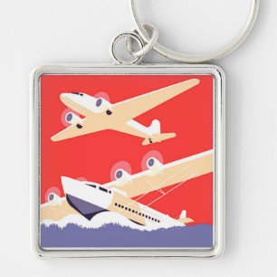 Vintage flygplan med propeller fyrkantig silverfärgad nyckelring