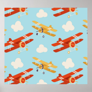 Vintage Flygplan moln Bakgrund Mönster Poster