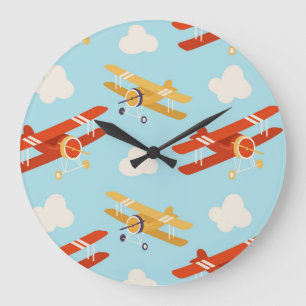Vintage Flygplan moln Bakgrund Mönster Stor Klocka