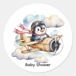 Vintage flygplan Pingvinen Pojke Baby Shower Runt Klistermärke