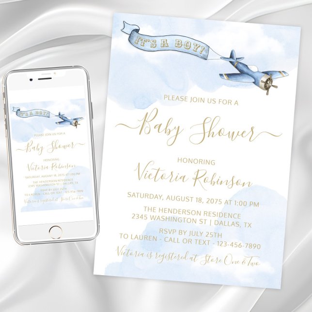 Vintage Flygplan Pojke Blå Guld Bebisdopp Inbjudningar (Boy airplane baby shower invitation. Instant download and printed invitations available.)