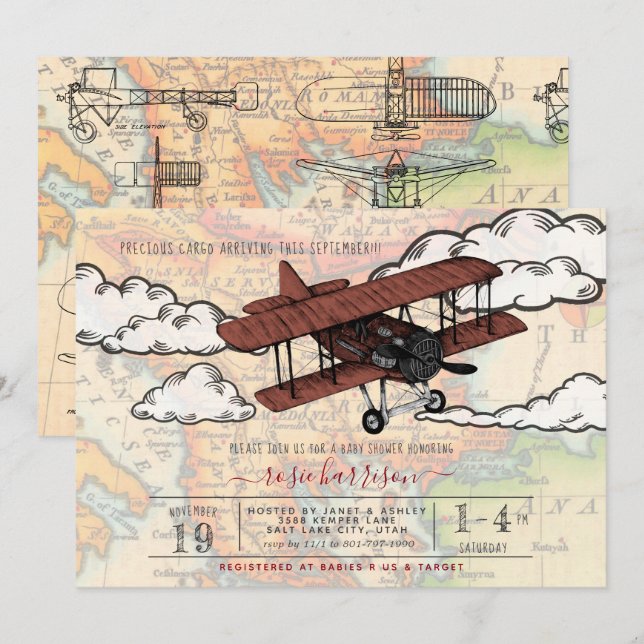 Vintage flygplan | Resa baby shower Inbjudningar (Fram/baksida)
