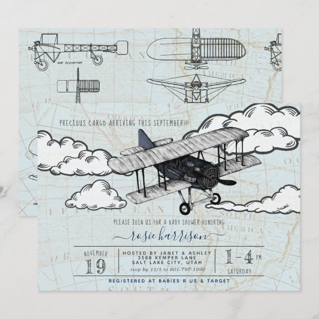 Vintage flygplan | Resa baby shower Inbjudningar (Fram/baksida)