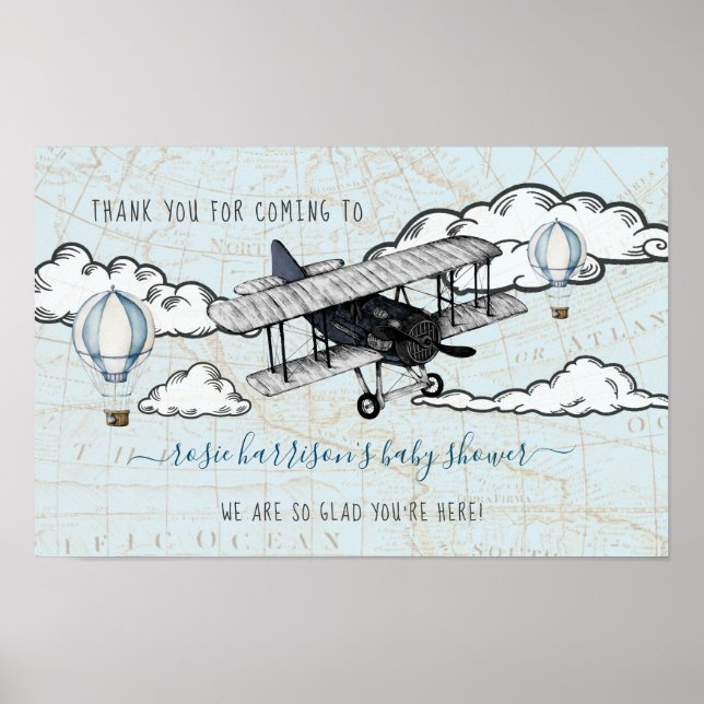 Vintage flygplan | Resa Baby Shower Välkomst  Poster (Framsidan)