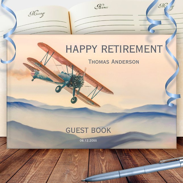 Vintage Flygplan Resa Pension Gästböcker (Retro retirement guest book featuring a painting of a vintage airplane on a hilly landscape)