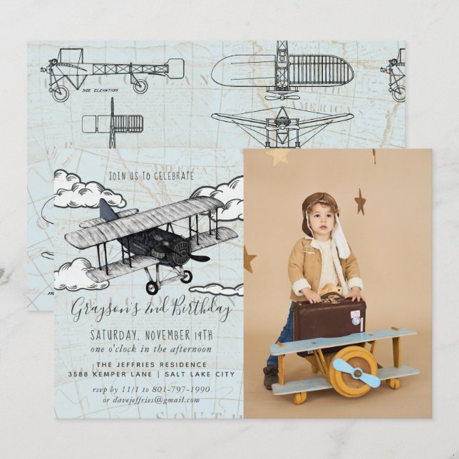Vintage flygplan | Resefödelsedagsfest Inbjudningar (Fram/baksida)