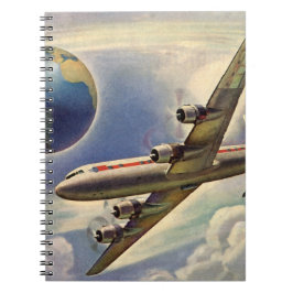 Vintage Flygplan som flyger Värld runt i moln Anteckningsbok Med Spiral