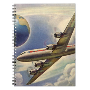 Vintage Flygplan som flyger Värld runt i moln Anteckningsbok Med Spiral