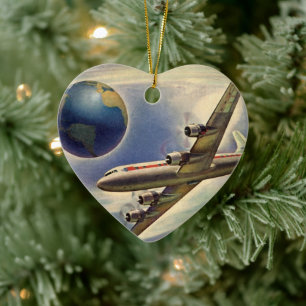 Vintage Flygplan som flyger Värld runt i moln Julgransprydnad Keramik