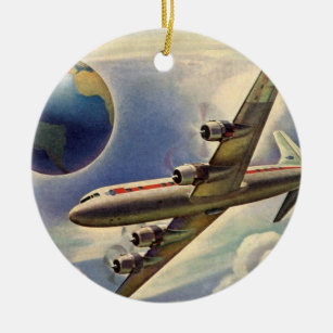 Vintage Flygplan som flyger Värld runt i moln Julgransprydnad Keramik