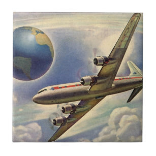 Vintage Flygplan som flyger Värld runt i moln Kakelplatta