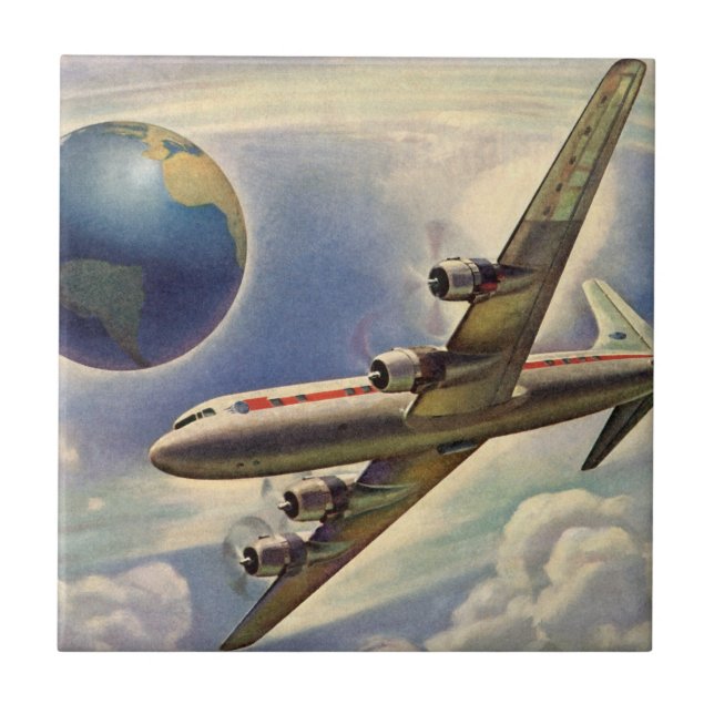 Vintage Flygplan som flyger Värld runt i moln Kakelplatta (Framsidan)