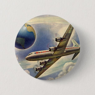 Vintage Flygplan som flyger Värld runt i moln Knapp