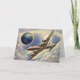Vintage Flygplan som flyger Värld runt i moln Kort