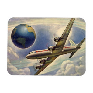 Vintage Flygplan som flyger Värld runt i moln Magnet