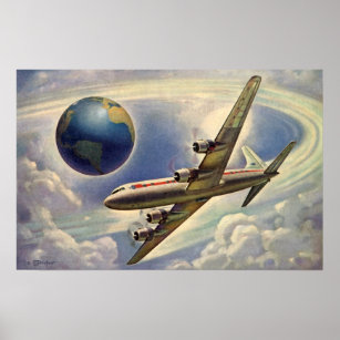 Vintage Flygplan som flyger Värld runt i moln Poster