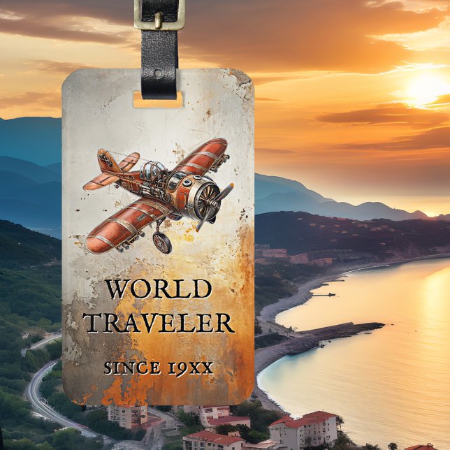 Vintage Flygplan Steampunk Bagagebricka (Luggage tag featuring a vintage steampunk airplane on a grunge artistic background - world traveler)