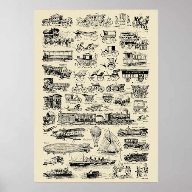 Vintage Flygplan Tåg & Automobiles Poster (Framsidan)