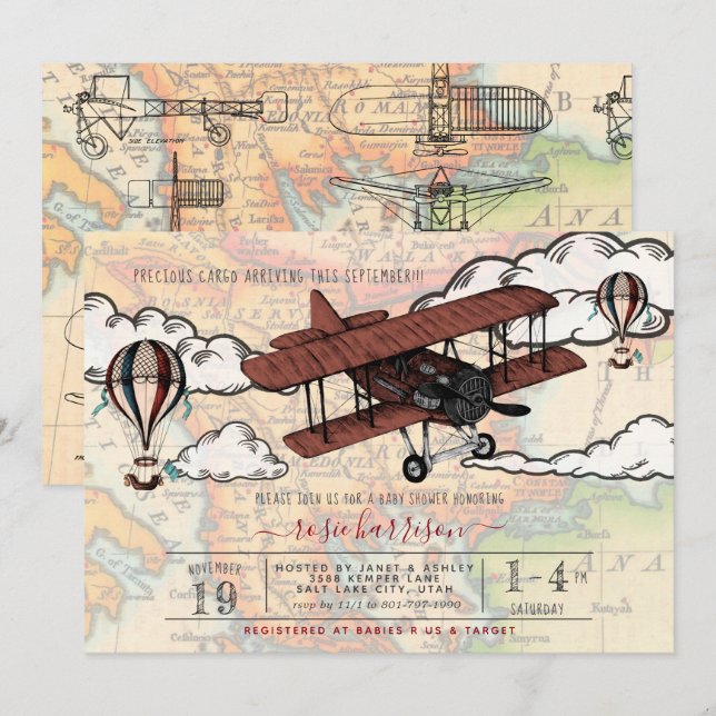 Vintage Flygplan | Travel Baby Shower Inbjudningar (Fram/baksida)