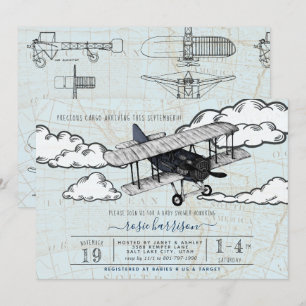 Vintage Flygplan Travel Baby Shower Inbjudningar