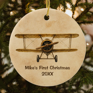 Vintage Flygplan Whimsiker Aviator 1:a jul Julgransprydnad Keramik