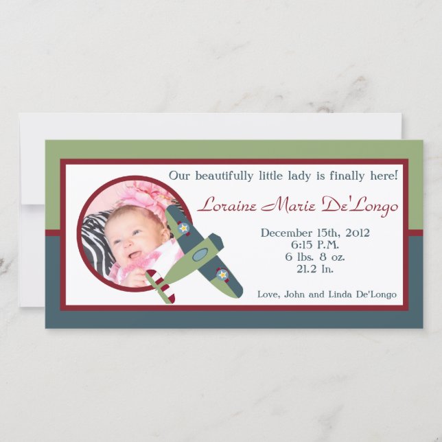 Vintage Flygplanets fotofödelsemeddelande Meddelande (Framsida)