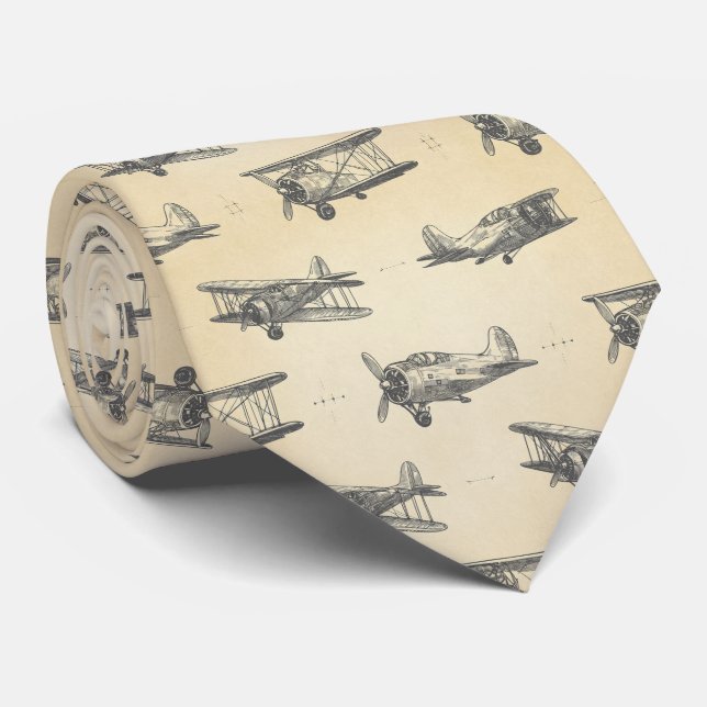Vintage Flygplanskiss Mönster Slips (Rullad)