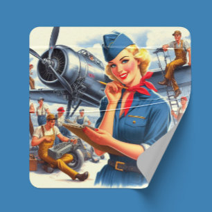 Vintage flygplanspinup fyrkantigt klistermärke