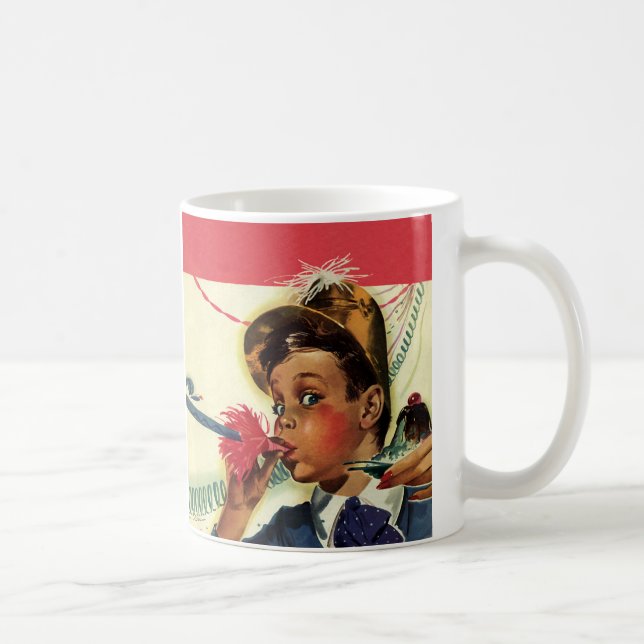 Vintage födelsedagsfest, flicka med larmapparat kaffemugg (Höger)