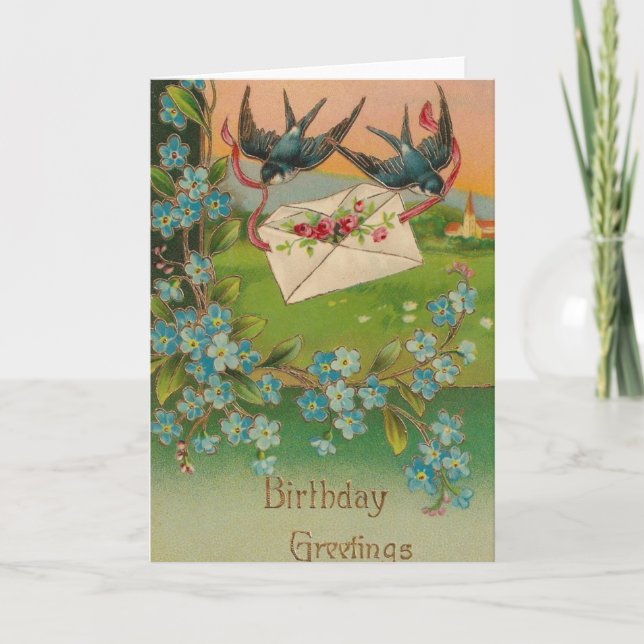 Vintage födelsedagskort Fåglar och blommor Kort (Framsida)