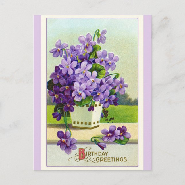 Vintage födelsedagsönskningar lila penséblommor vykort (Framsida)