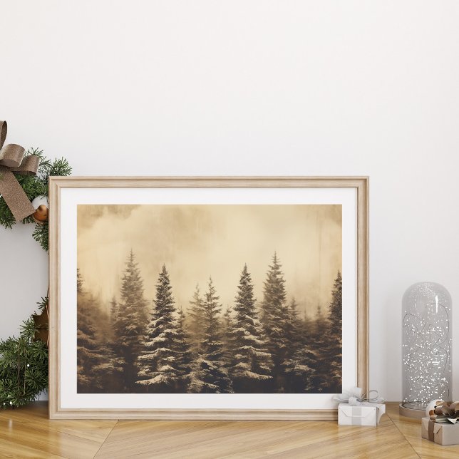 Vintage Foggy Gräs Träd-julgranen Poster (Vintage Foggy Pine Tree Forest Christmas Poster with Christmas ornament.)