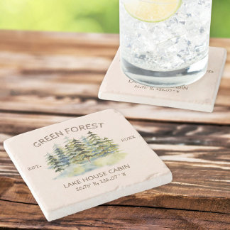 Vintage Foggy Grönt Forest Watercolor Cabin Lodge Stenunderlägg