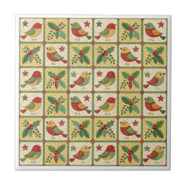 Vintage Folk Art Christmas Bird Holly Pattern Kakelplatta
