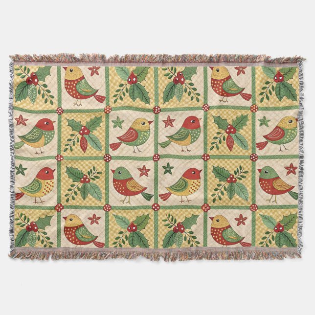 Vintage Folk Art Christmas Birds & Holly Berry Filt (Framsidan)