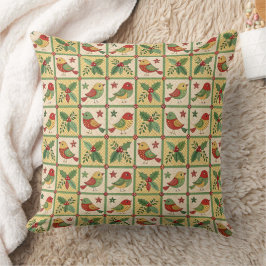 Vintage Folk Art Christmas Birds & Holly Berry Kudde