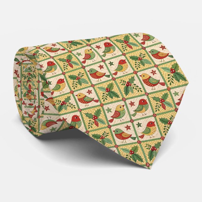 Vintage Folk Art Christmas Fåglar & Järnbär  Slips (Rullad)