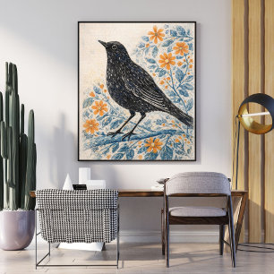 Vintage Folk Art Fågeltryck, Cottagecore Djur Poster