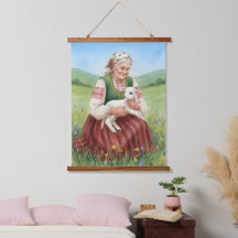 Vintage Folk Art Grandma Lamb Hanging Canvas Art