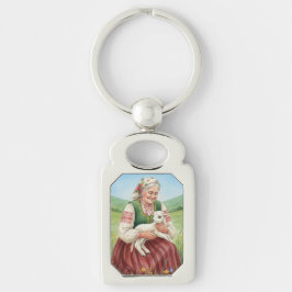 Vintage Folk Art Grandma Lamb Metal Keychain Rektangulärt Silverfärgad Nyckelring