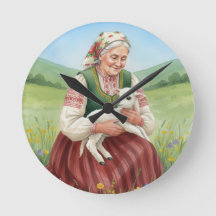 Vintage Folk Art Grandma Lamb Wall Clock