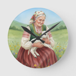 Vintage Folk Art Grandma Lamb Wall Clock Rund Klocka
