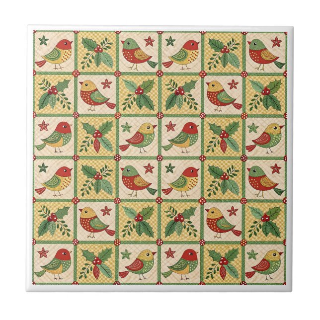 Vintage Folk Art Julfågel Julmörk Pattern  Kakelplatta (Framsidan)