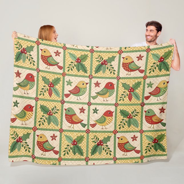 Vintage Folk Art Julfåglar & Järnekbär Fleecefilt (På plats)