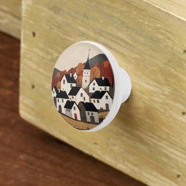 Vintage Folk Art Village Scene Knopp (Skapare uppladdad)