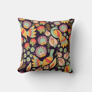 Vintage Folk Blommigt Birds Ornament Kudde
