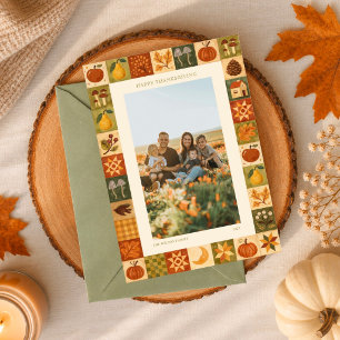 Vintage Folk Patchwork Thanksgiving Familjefoto Julkort